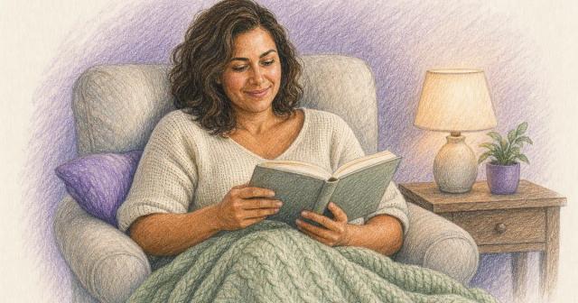 Woman absorbed in a book in an armchair under a blanket in soft evening light