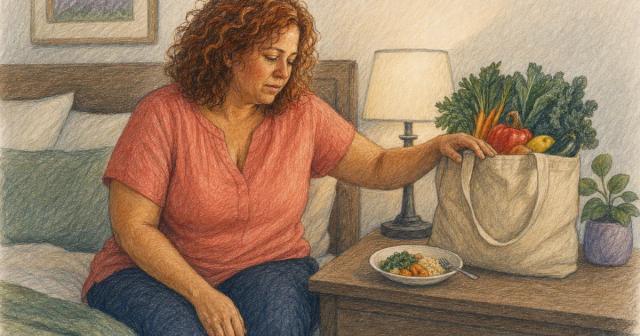 Person sitting on a bed beside a nightstand with a full produce bag and an untouched small dish