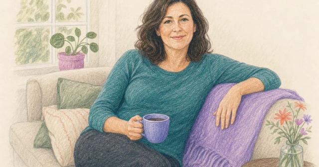 Woman resting comfortably on a couch with a mug of tea