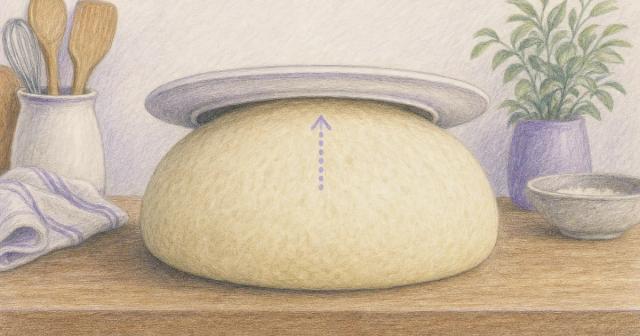 Risen dough doming upward and pressing a plate above it
