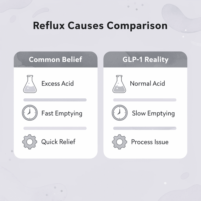 Comparison chart showing common beliefs versus GLP-1 reality about acid reflux
