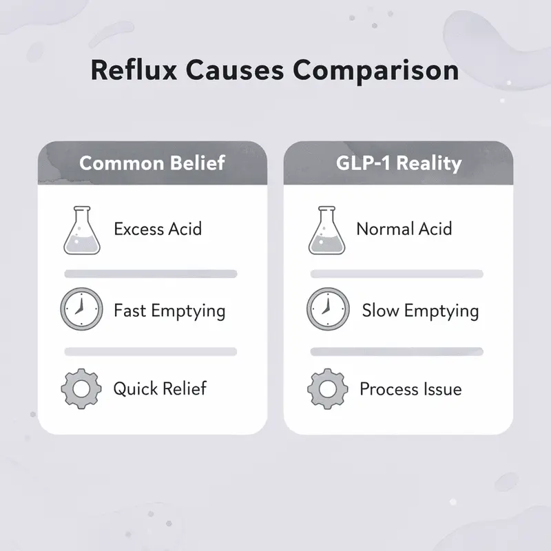 Comparison chart showing common beliefs versus GLP-1 reality about acid reflux