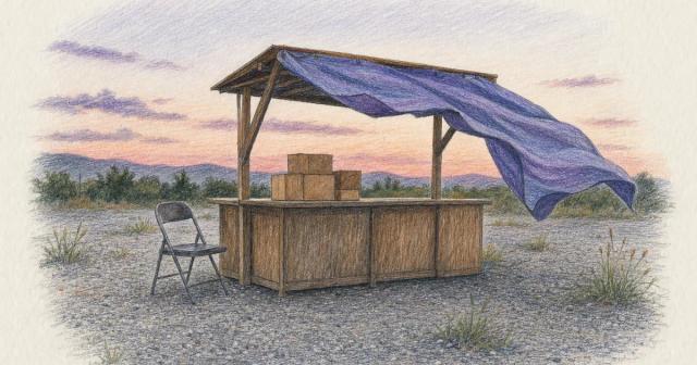 An unattended roadside stall with plain boxes and an empty chair at dusk