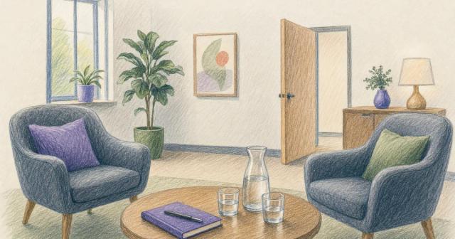 Empty consultation room with two chairs facing each other and a notebook on a low table