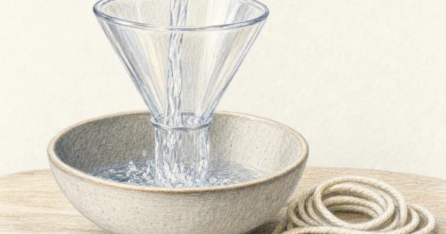 Water rushing through a glass funnel into a ceramic bowl beside a coiled rope
