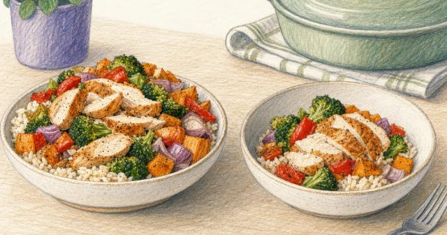 Two matching bowls of the same meal, one full portion and one much smaller portion