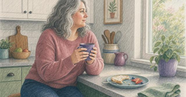 Person at a kitchen counter by a window at dawn, holding an untouched mug, looking out