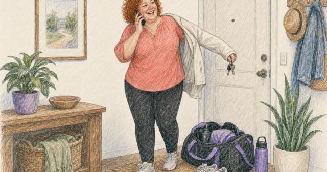 Woman in an entryway talking on the phone while pulling on a jacket, gym bag at her feet