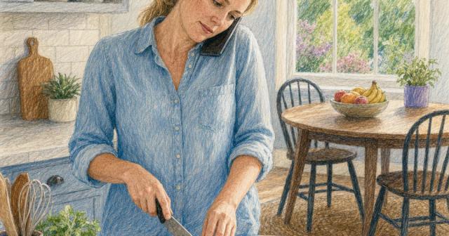 Woman pausing while slicing fruit, listening to a phone at her shoulder by a sunlit nook