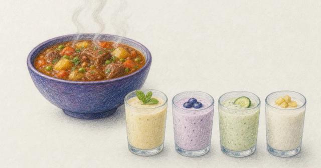 A large steaming bowl on the left and a row of four small chilled drink glasses on the right