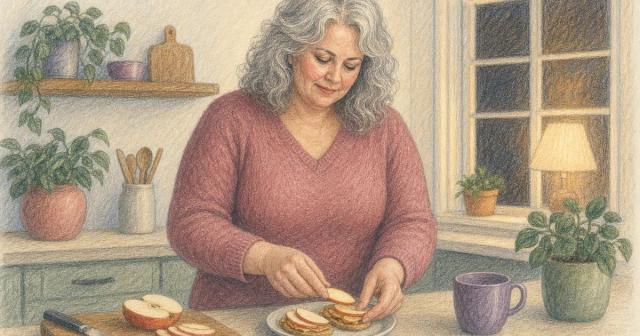 A woman calmly preparing a small simple snack in a softly lit evening kitchen