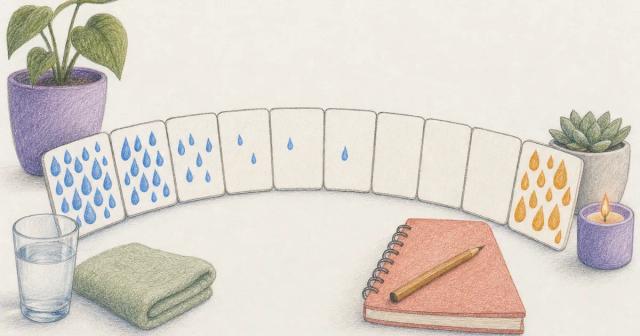 Droplet clusters fade across blank calendar tiles, with a persistent amber cluster at the end.