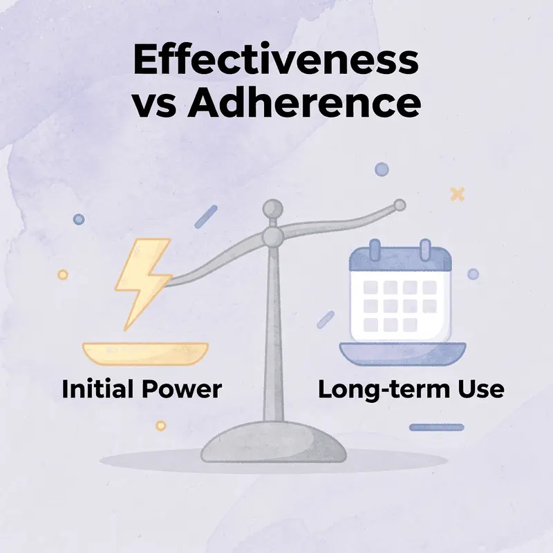Balance scale comparing initial effectiveness versus long-term adherence