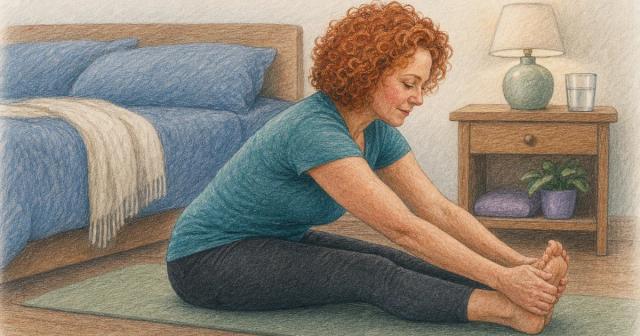 Person stretching on a mat on a bedroom floor beside a nightstand lamp in evening light