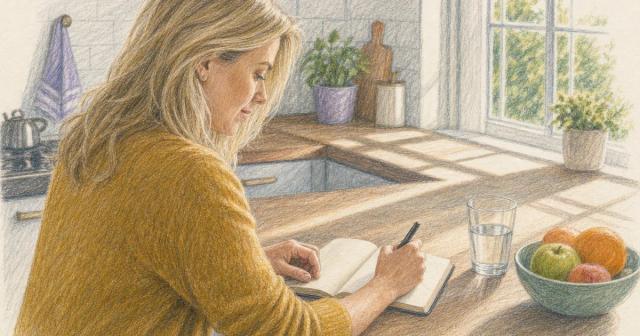 Woman standing at a kitchen counter in morning light, writing in a small notebook