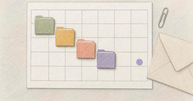 Blank calendar grid with small paper folders placed across weeks toward one marked day
