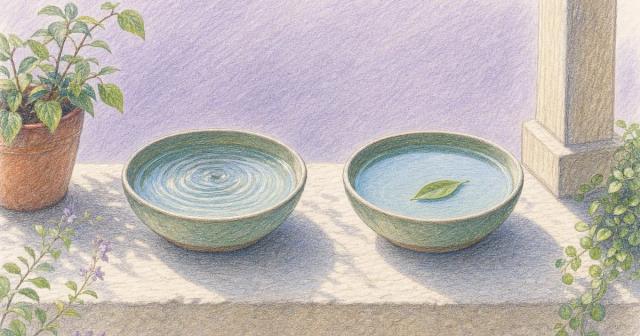 Two bowls of water, one rippled and one glassy still, side by side