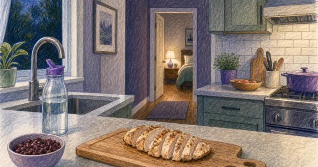 Empty kitchen at evening with prepped protein, water bottle, and lit hallway