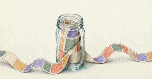 Jar of medication pens with an endless calendar ribbon unspooling from it