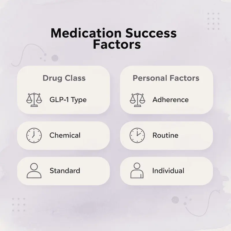 Comparison chart showing drug class factors versus personal factors in medication success
