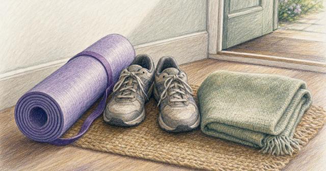 Rolled exercise mat, walking shoes, and a folded blanket by a door