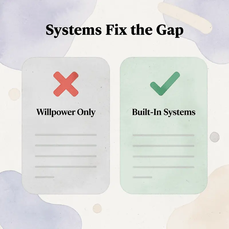 Before and after infographic comparing willpower-only approach to systems-based habits