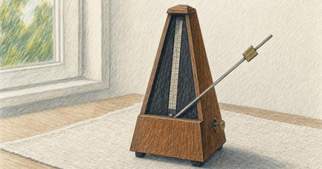Close-up of a wooden metronome with its pendulum swung off to one side
