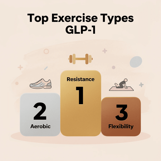 Podium ranking showing resistance training in first place, aerobic in second, and flexibility in third for GLP-1 exercise