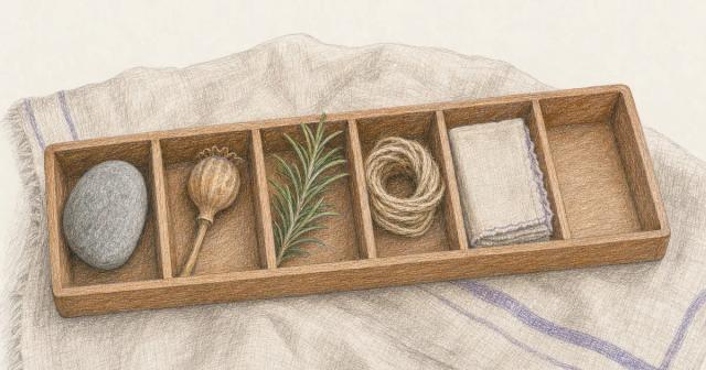Overhead view of a sectioned wooden tray with small natural objects and one empty compartment
