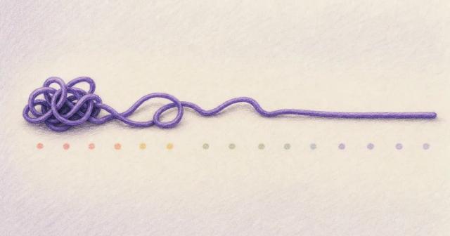 A cord knotted at one end loosening to a smooth strand, with week markers.