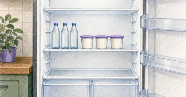 Open fridge with mostly empty shelves and a few repeated plain foods