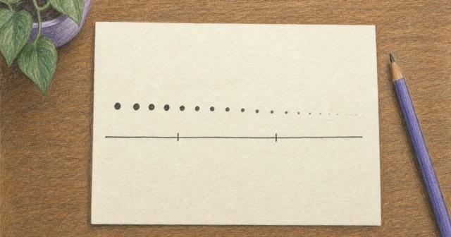 Hand-drawn horizontal timeline on paper split into three segments with fading dots