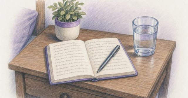 Open handwritten notebook, pen, and water glass on a nightstand at dawn