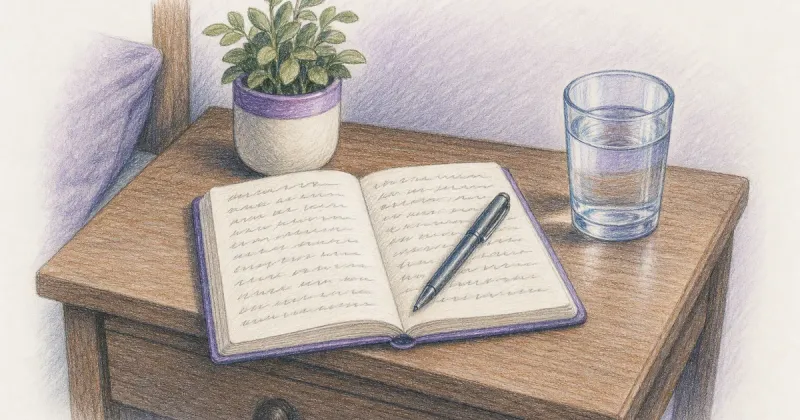 Open handwritten notebook, pen, and water glass on a nightstand at dawn