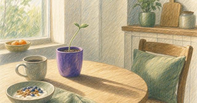 Small sprout in a purple pot leaning toward soft morning light