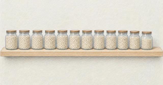 Twelve glass jars in a row on a shelf, each filled to nearly the same level