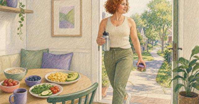 A person leaves a prepared breakfast nook to walk along a sunlit neighborhood path.