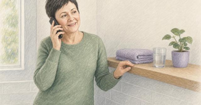 Person standing at a spare bathroom shelf, talking warmly on the phone