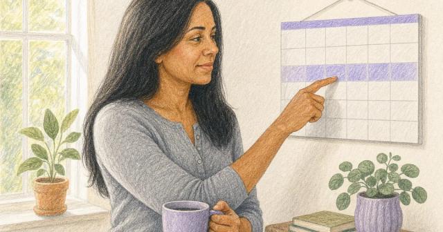 A woman by a window looking at a wall calendar in soft morning light