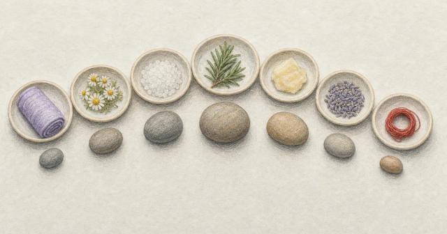 Overhead arc of seven small dishes with comfort items and pebbles that grow then shrink