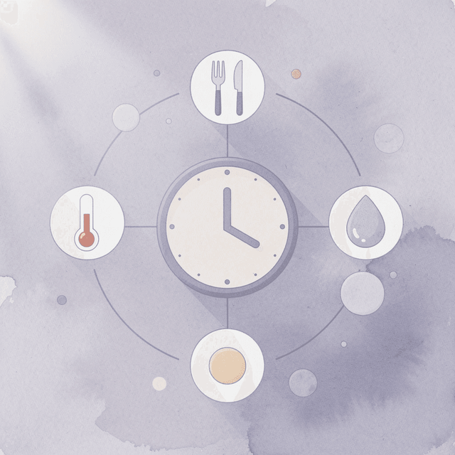 Icon hub showing symptom tracking connected to dose timing, protein intake, hydration, and symptoms