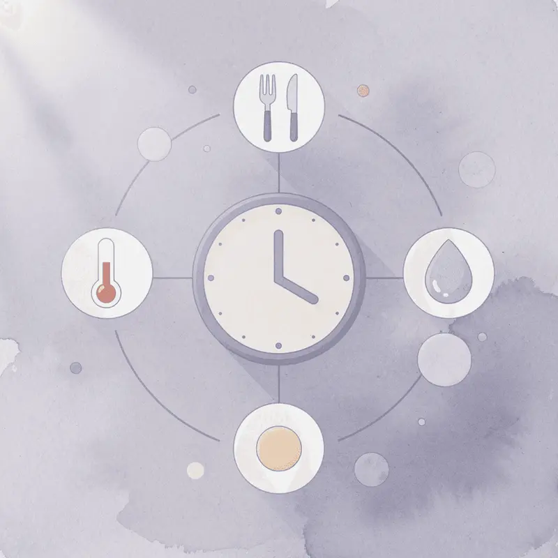 Icon hub showing symptom tracking connected to dose timing, protein intake, hydration, and symptoms