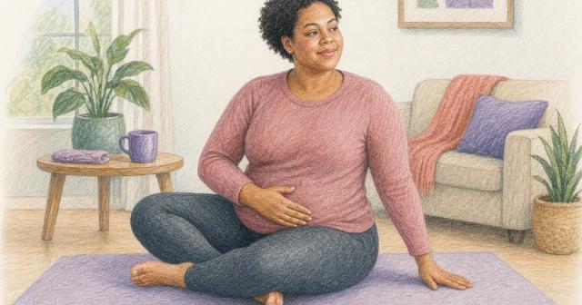 Woman doing a gentle seated stretch on a floor mat at home