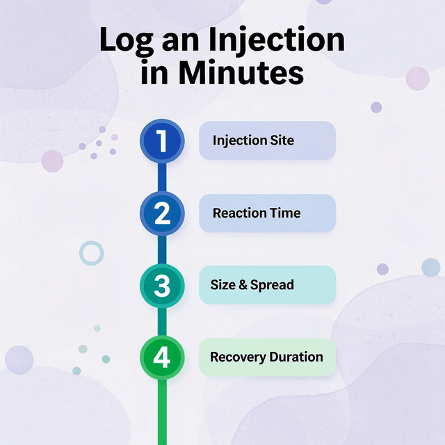 Numbered steps infographic showing four things to log after a Zepbound injection