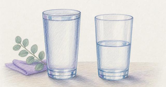Two glasses side by side, one full, one half-full