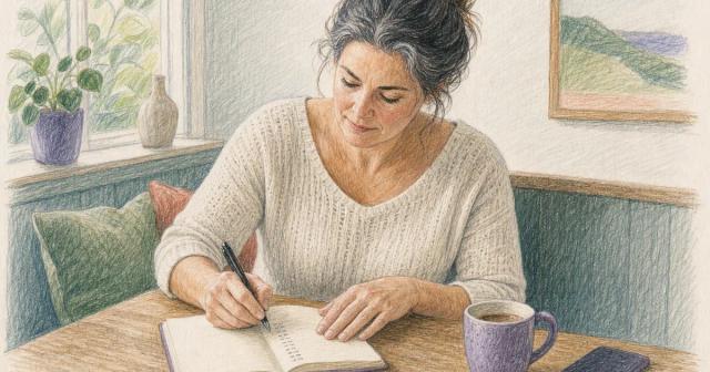 Person adding a new handwritten entry to a notebook at a sunlit breakfast nook table