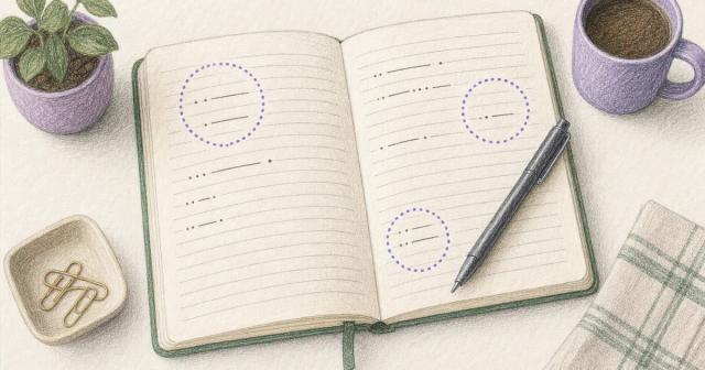 Open journal with abstract marks and a pen, seen from above with dotted highlights