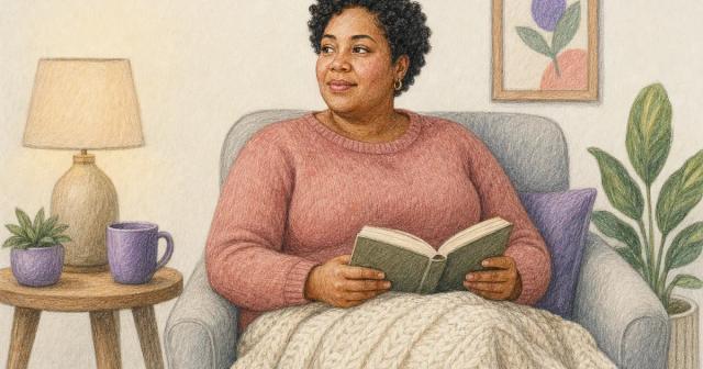 Woman reading in an armchair under a blanket in warm lamp light