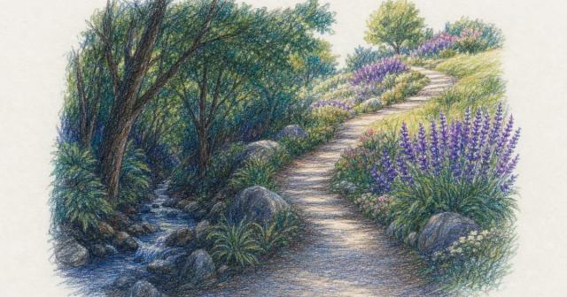 Winding path dipping into a shadowed hollow then climbing to light