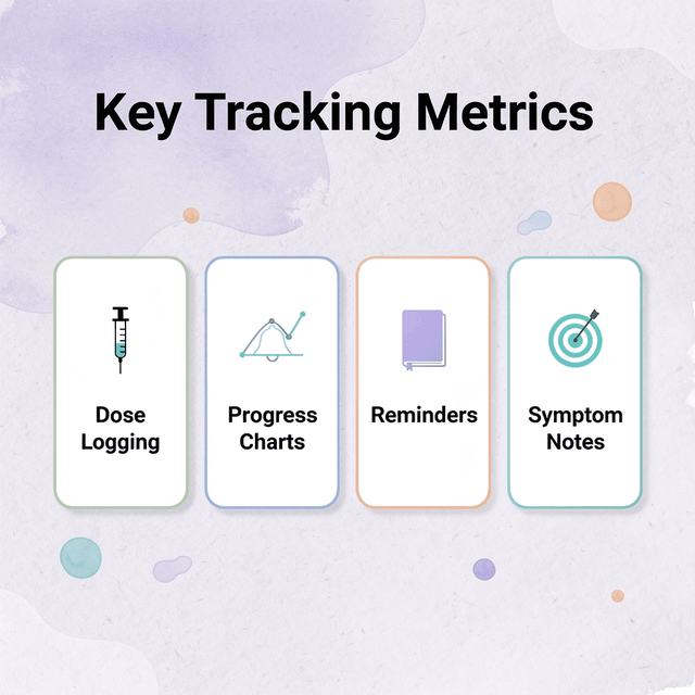 Infographic showing 5 key metrics used to evaluate GLP-1 tracking apps